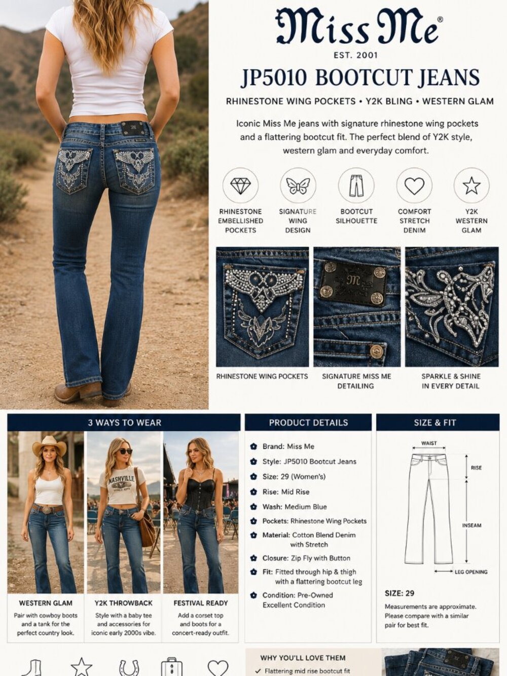 Miss Me Rhinestone Wing Pocket Bootcut Jeans Y2K Western Glam 29